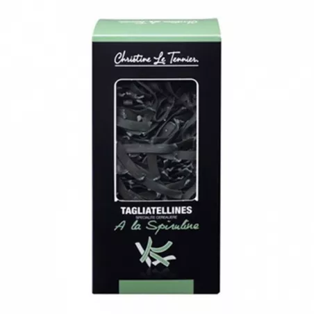 Tagliatelles à la spiruline 250g dans leur emballage artisanal.