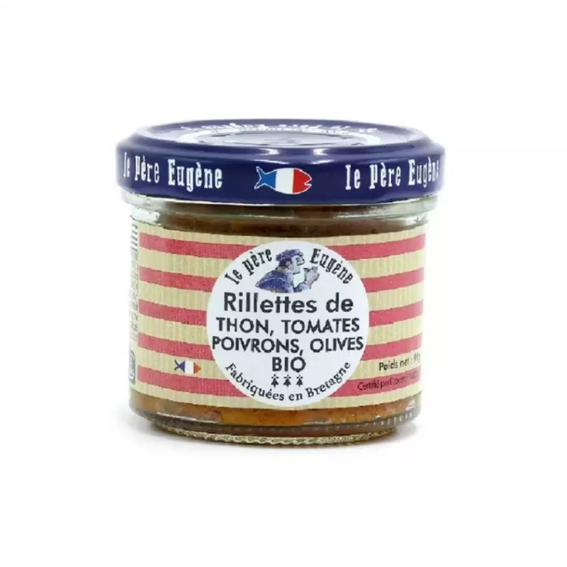 Pot de rillettes de thon aux tomates, poivrons et olives bio 90 Pot de rillettes de thon aux tomates, poivrons et olives bio 90
