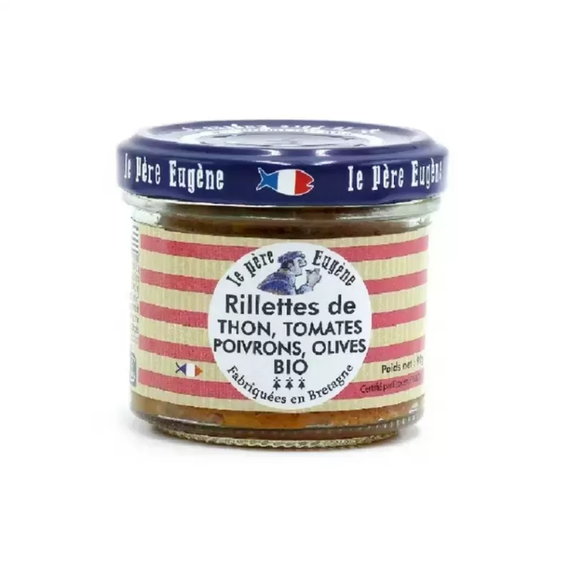 Pot de rillettes de thon aux tomates, poivrons et olives bio 90