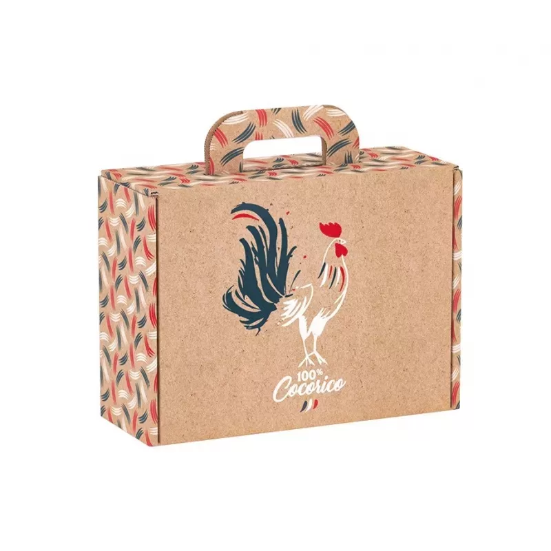 Valisette en carton kraft rectangulaire 100 % Cocorico, dimensions 27 x 19 x 10 cm