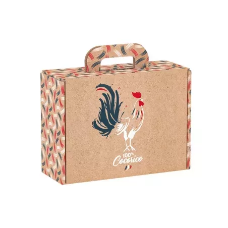 Valisette en carton kraft rectangulaire 100 % Cocorico, dimensions 27 x 19 x 10 cm