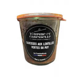 Saucisses aux Lentilles Vertes du Puy 400g dans un bocal en verre, prêt à être dégusté.