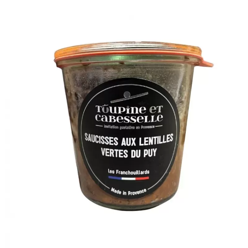 Saucisses aux Lentilles Vertes du Puy 400g dans un bocal en verre, prêt à être dégusté.