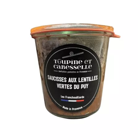 Saucisses aux Lentilles Vertes du Puy 400g dans un bocal en verre, prêt à être dégusté.