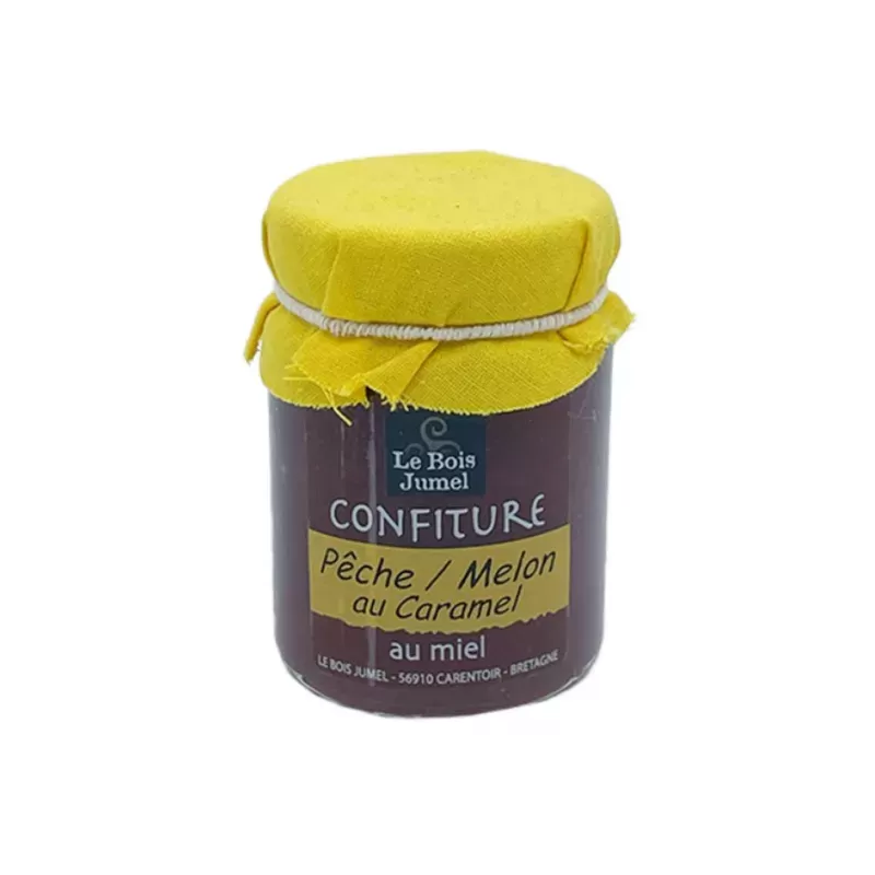 Confiture Pêche, Melon au Caramel au Miel étalée sur une tranche de pain frais