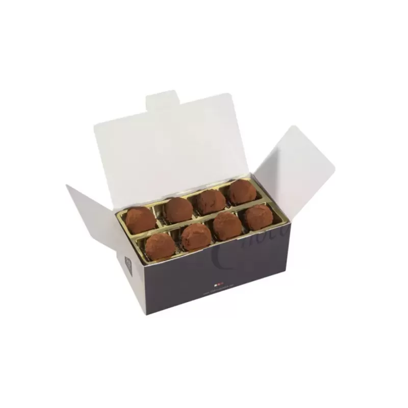 Ballotin de truffes au chocolat de Noël 175g, prêt à offrir, dans un élégant emballage festif.