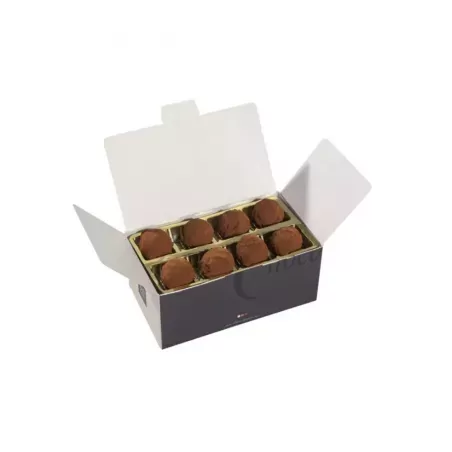 Ballotin de truffes au chocolat de Noël 175g, prêt à offrir, dans un élégant emballage festif.