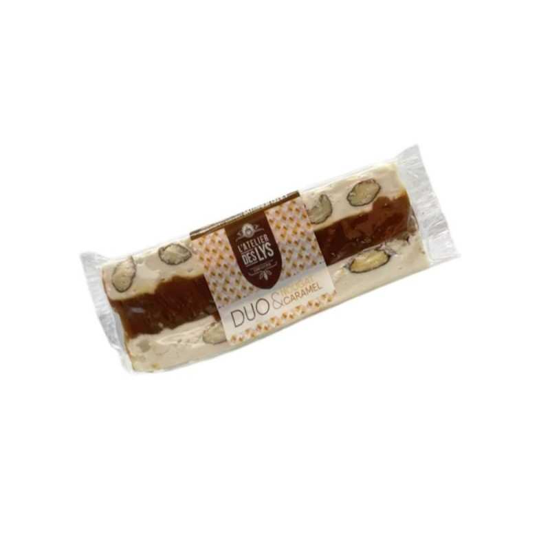 Barre Duo Nougat Tendre à la Vanille, Amande et Caramel Fondant 50g 