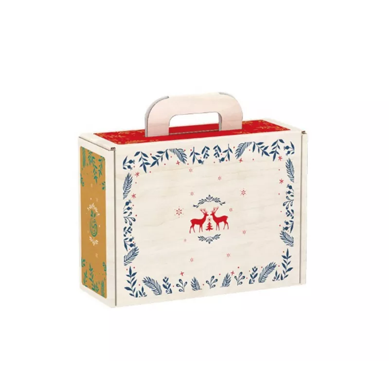 Valisette carton rectangle Bonnes Fêtes effet bois/rouge/vert/or (25 x 18,5 x 9,5) - 1