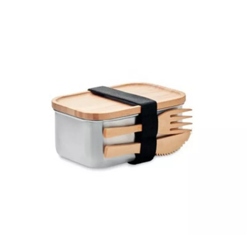 Lunch box en acier inox 600ml avec couvercle en bambou et 2 couverts 