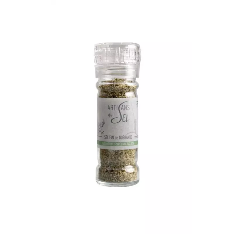 Moulin Sel Fin de Guérande aux Herbes Spécial Salade 80g, épices et herbes pour assaisonnement des salades. Moulin Sel Fin de Guérande aux Herbes Spécial Salade 80g, épices et herbes pour assaisonnement des salades.