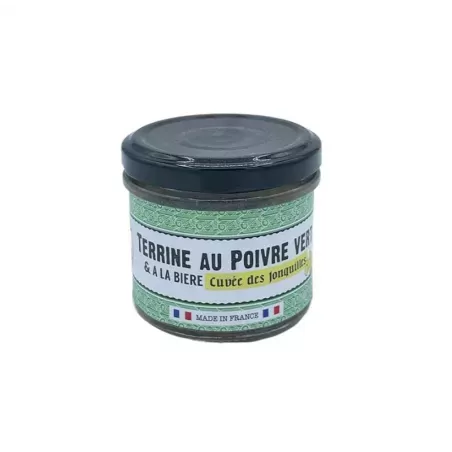 Terrine au Poivre Vert et à la Bière Cuvée des Jonquilles 90g, vue sur le produit dans son emballage élégant.