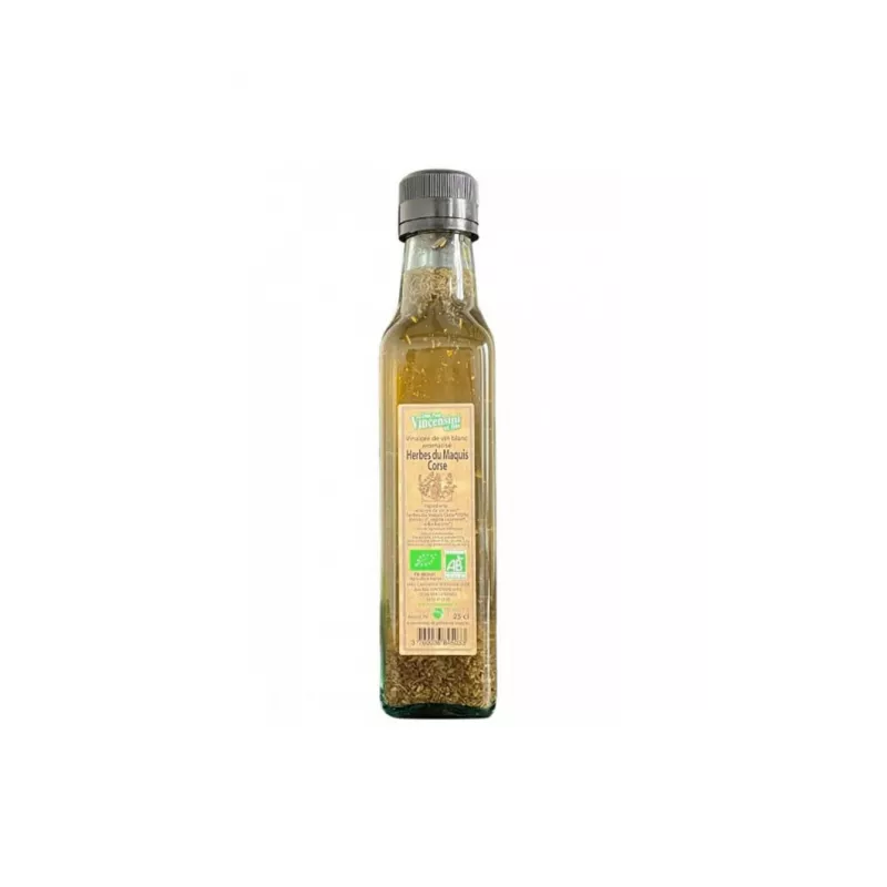 Bouteille de Vinaigre aux Herbes du Maquis Corse Bio 250ml de Vincensini, étiquette élégante sur fond nature Bouteille de Vinaigre aux Herbes du Maquis Corse Bio 250ml de Vincensini, étiquette élégante sur fond nature