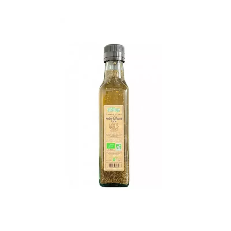 Bouteille de Vinaigre aux Herbes du Maquis Corse Bio 250ml de Vincensini, étiquette élégante sur fond nature