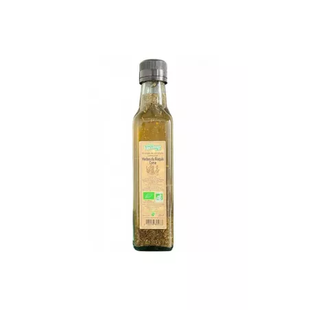 Bouteille de Vinaigre aux Herbes du Maquis Corse Bio 250ml de Vincensini, étiquette élégante sur fond nature