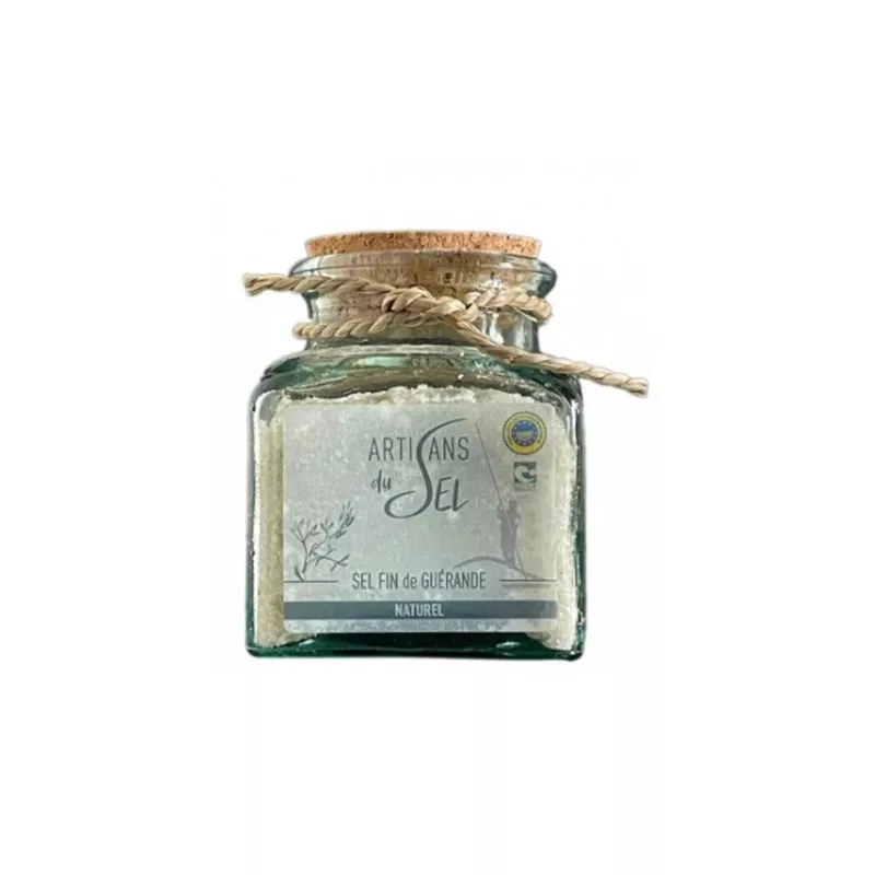 Bocal de Sel de Guérande 200g en verre, récolté à la main, avec bouchon en liège.