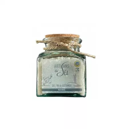 Bocal de Sel de Guérande 200g en verre, récolté à la main, avec bouchon en liège.
