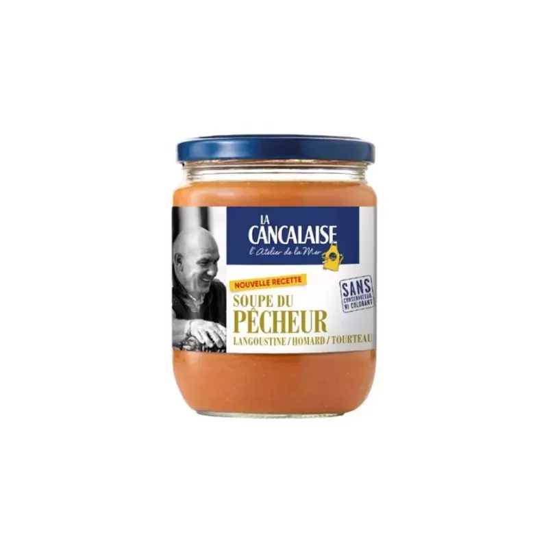Soupe du Pêcheur 380g de La Cancalaise, bocal en verre avec étiquette artisanale, prêt à être dégusté