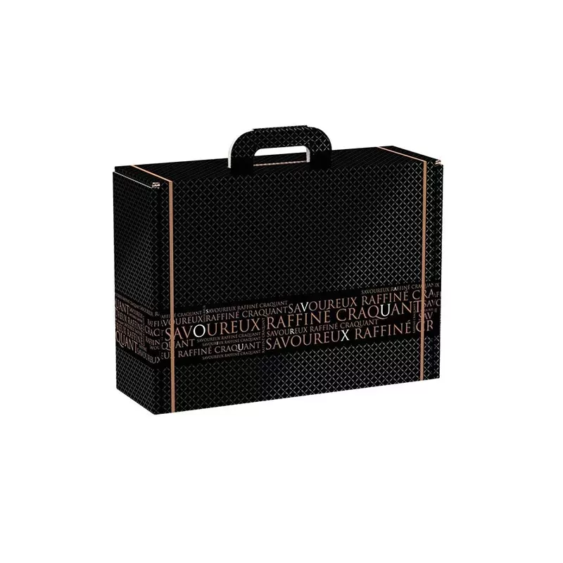 Valisette en carton rectangle Savoureux noir/cuivre 41x34x12 cm pour présentation élégante
