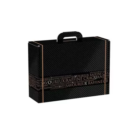 Valisette en carton rectangle Savoureux noir/cuivre 41x34x12 cm pour présentation élégante