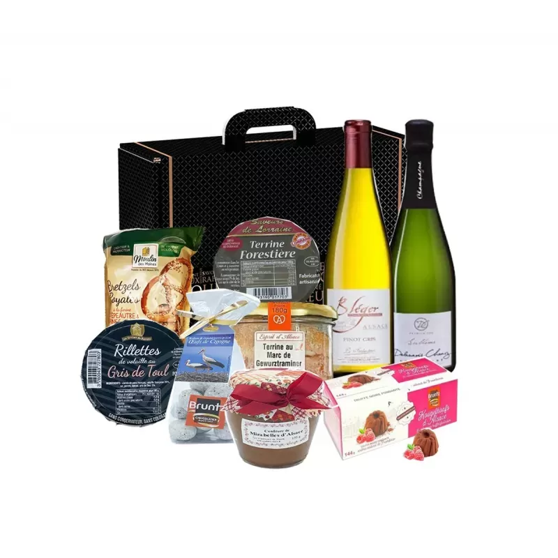 roduits du Coffret Prestige Gourmand Alsace Lorraine : vin, terrines et douceurs.