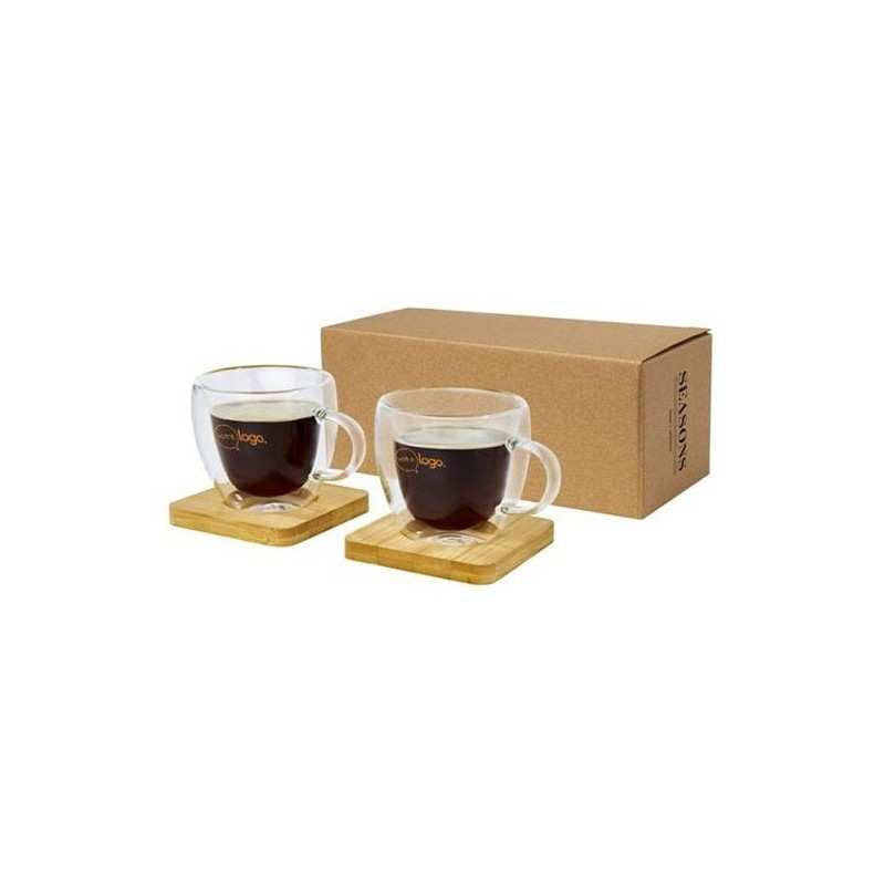 Ensemble de 2 Tasses en Verre à Double Paroi 250ml avec Sous-Verre en Bambou