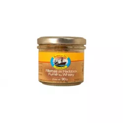Pot de Rillettes de Haddock au Whisky de Bourgain et Fils, 90g, avec étiquette élégante et contenant onctueux.