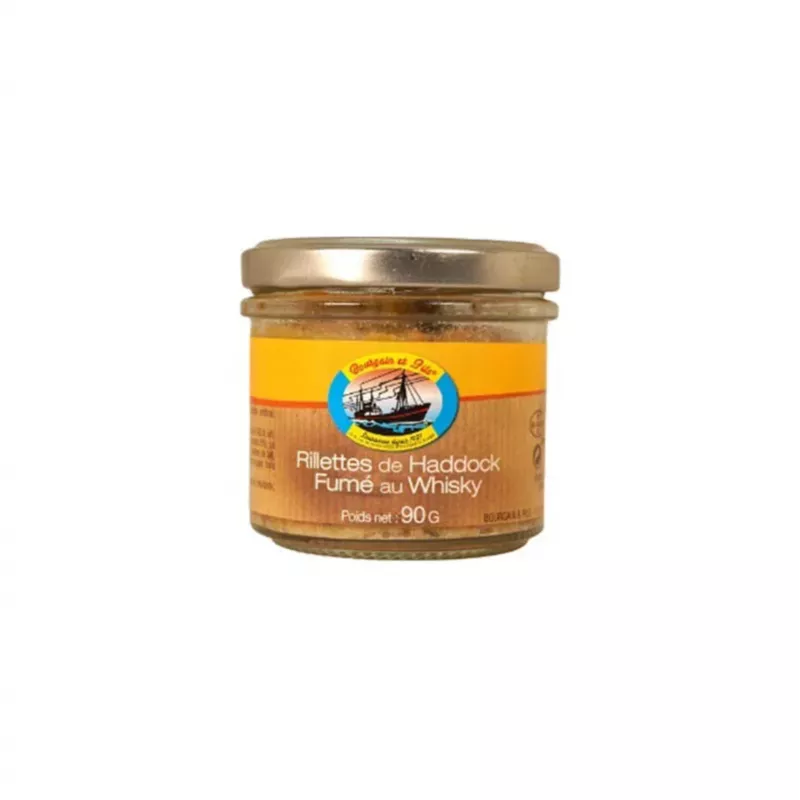 Pot de Rillettes de Haddock au Whisky de Bourgain et Fils, 90g, avec étiquette élégante et contenant onctueux.