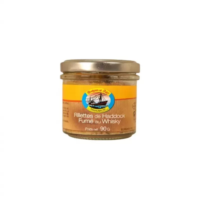 Pot de Rillettes de Haddock au Whisky de Bourgain et Fils, 90g, avec étiquette élégante et contenant onctueux.