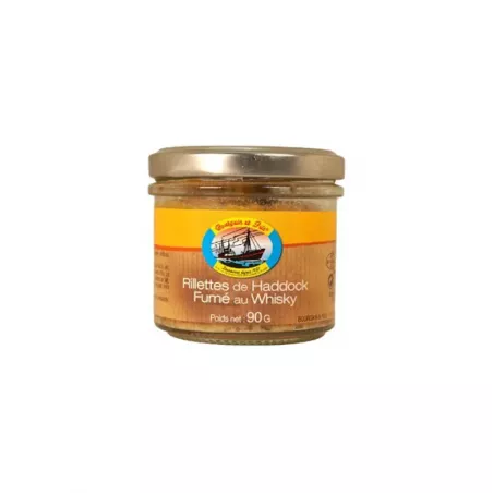 Pot de Rillettes de Haddock au Whisky de Bourgain et Fils, 90g, avec étiquette élégante et contenant onctueux.
