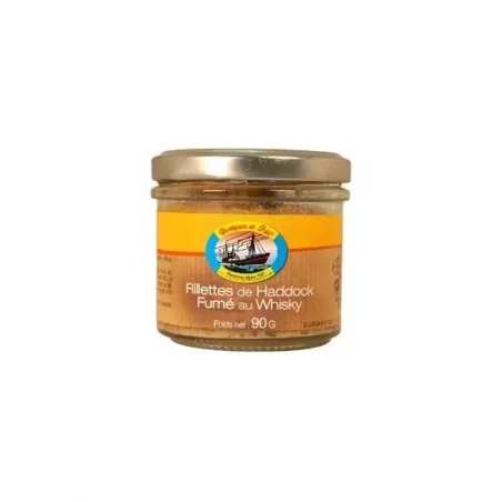 Pot de Rillettes de Haddock au Whisky de Bourgain et Fils, 90g, avec étiquette élégante et contenant onctueux.