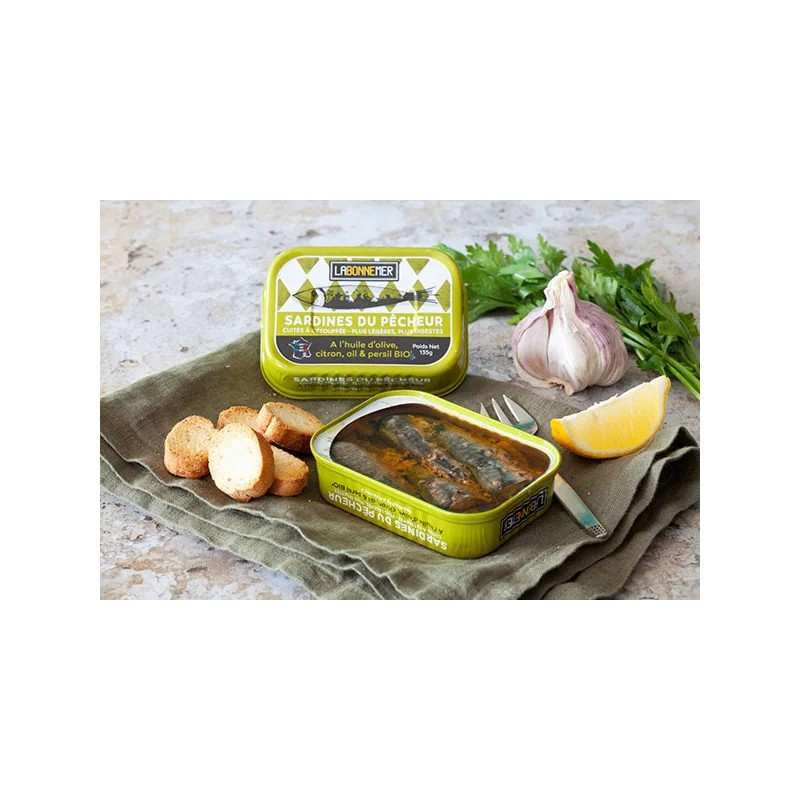 Sardines du Pêcheur à l'Huile d'Olive, Citron, Ail et Persil Bio 135g 