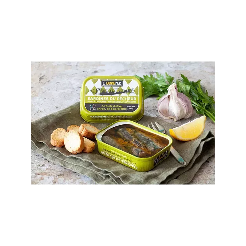 Sardines du Pêcheur à l'Huile d'Olive, Citron, Ail et Persil Bio 135g 