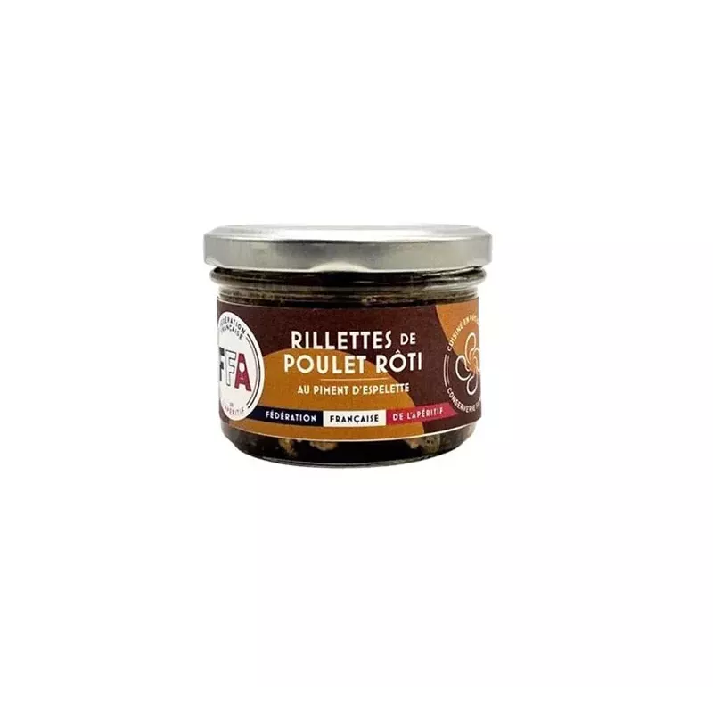 Pot de rillettes de poulet rôti au piment d'Espelette 160g, sans porc, fabriqué en Île-de-France