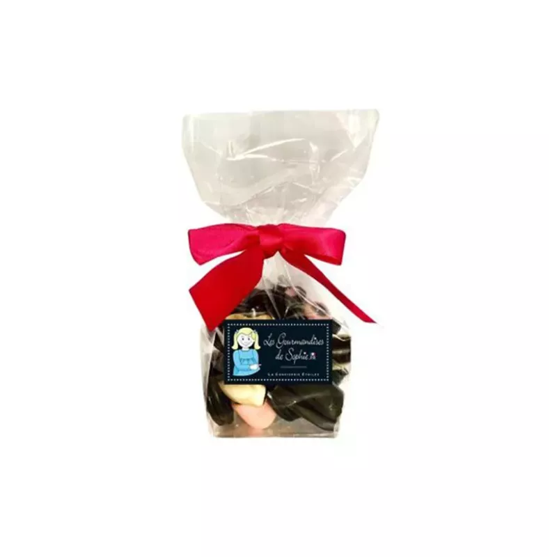 Bonbons Réglisses Assortis 105g dans un sachet transparent, montrant les couleurs variées.