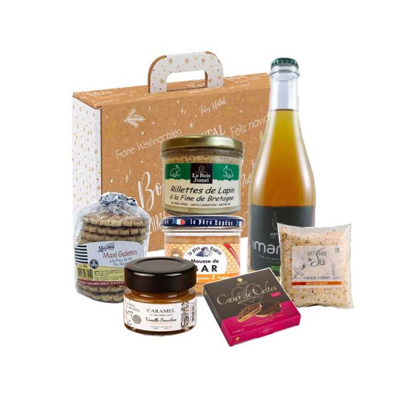 Panier garni breton avec fleur de sel, rillettes, mousse de bar, et cidre artisanal