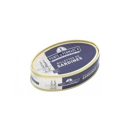 Boîte ovale de rillettes de sardines 115g sur une table apéritive