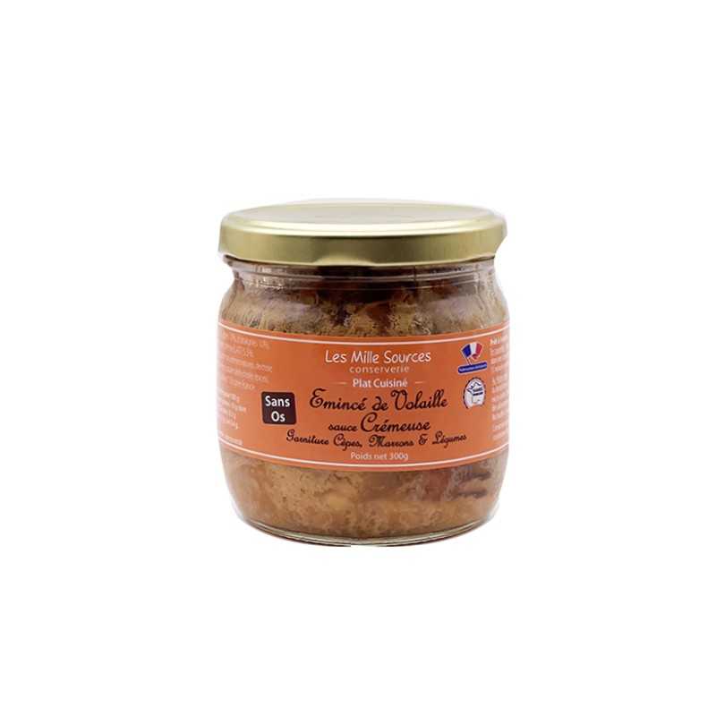 Émincé de Volaille Sauce crémeuse Garniture Cèpes, Marrons et Légumes Émincé de Volaille Sauce crémeuse Garniture Cèpes, Marrons et Légumes
