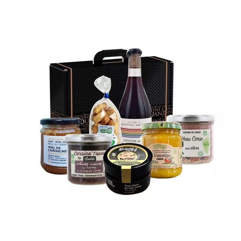 Coffret cadeau couple romantique avec vins, chocolats artisanaux et spécialités régionales françaises